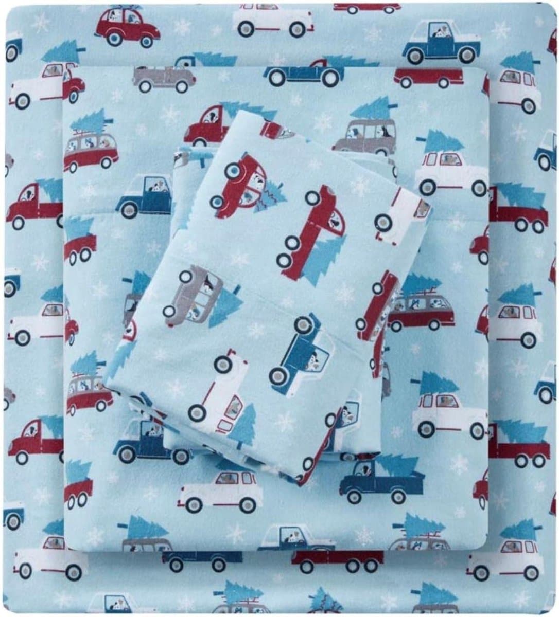 Katoenen Flanellen Laken Set - Zachte Bedset - Warm Slapen - 100% Katoen - King - Blauwe Auto's