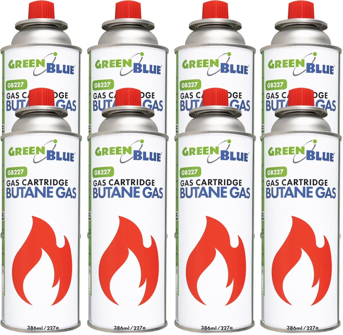 GreenBlue - Gasflessen 8 stuks - Gaspatroon van 227 g. Certificaat: Pi 0875, voldoet aan de norm EN417, butaan, gebruiksbereik -10 °C tot +40 °C, GB227