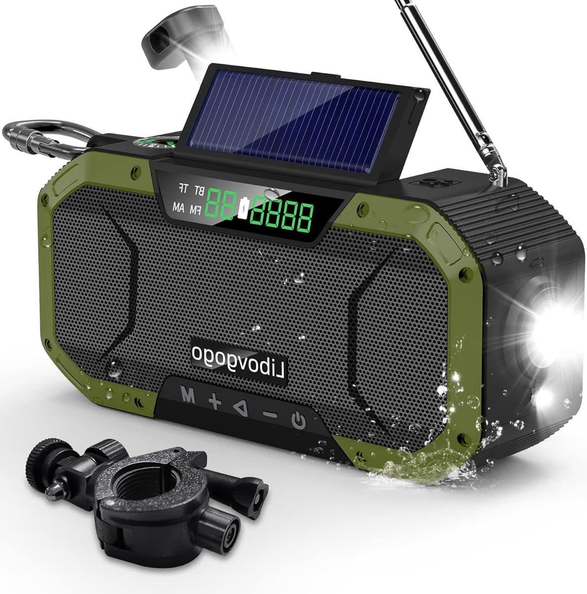 Zwengelradio met oplaadfunctie voor mobiele telefoon - 5000 mAh - 7 W - IPX5 waterdicht - bluetooth-luidspreker - draagbaar - auto-scan AM/FM - noodradio - zaklamp - led-leeslamp