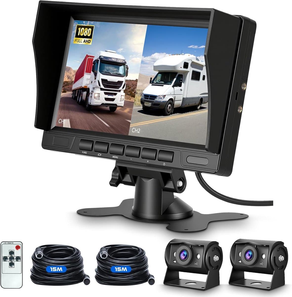 Set van 2 Achteruitrijcamera's met 7 inch IPS 1080p Monitor voor Auto en Vrachtwagen