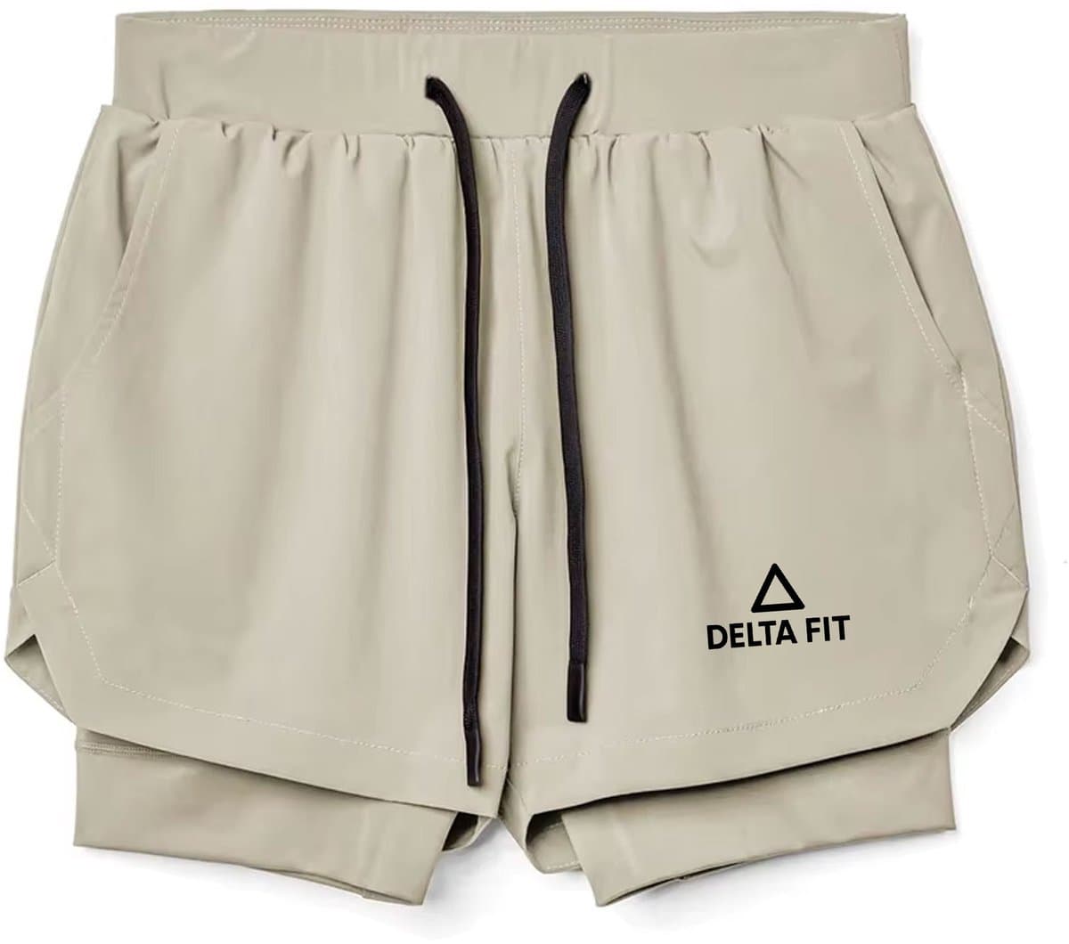 Delta Fit 2 in 1 Hardloopbroek– Met Ondershort met vak voor Mobiel – Dry Mesh - Beige - Maat XXL