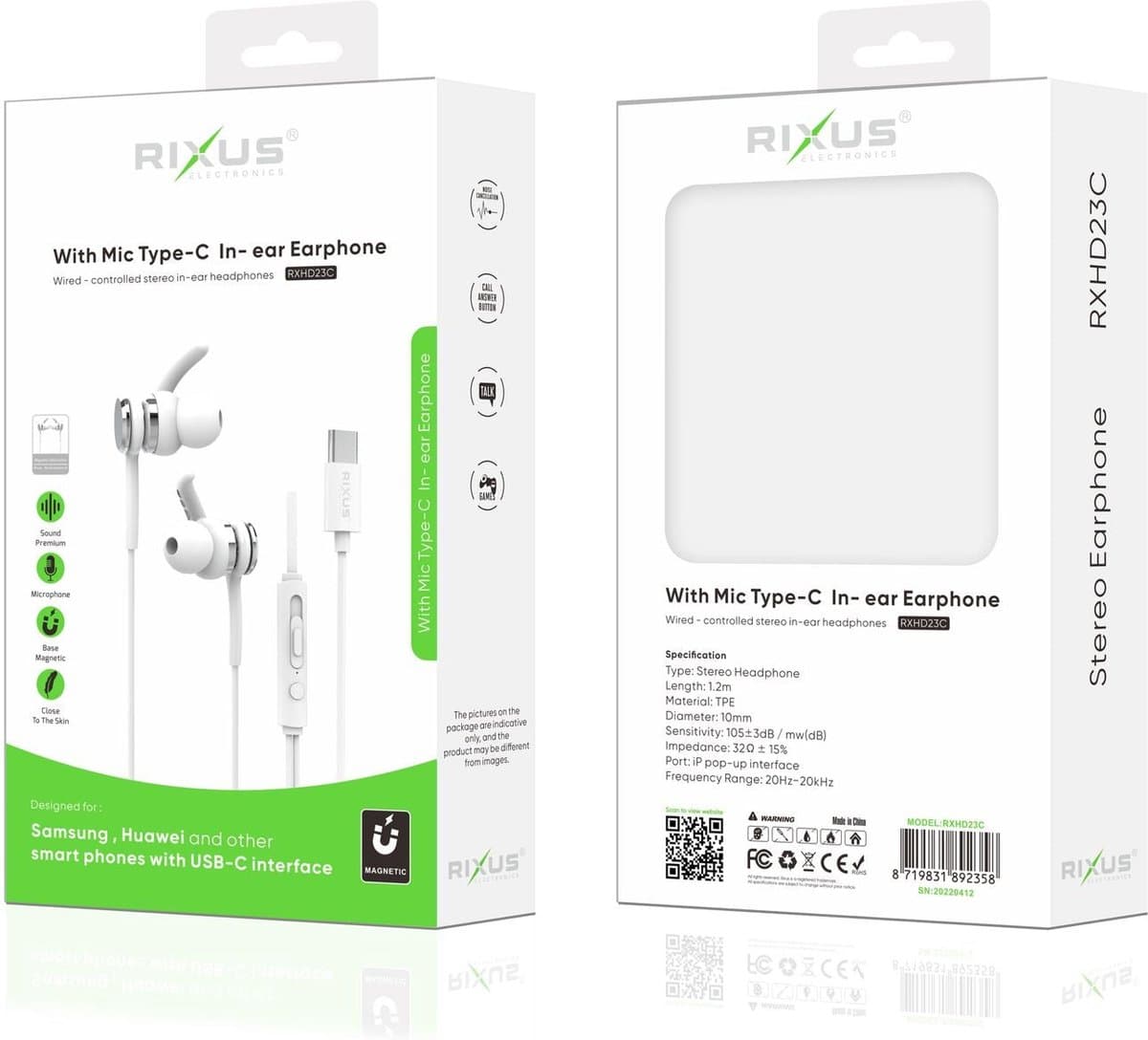 Rixus - in -ear headset - type -c - wit - stereo - met microfoon