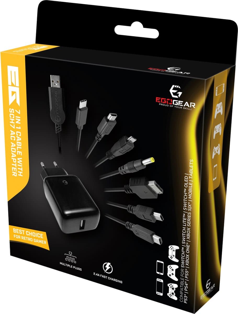 EgoGear - SCH7 - 7 in 1 Oplaadkabel met Snelle Euro USB Oplader voor Consoles, Controllers, Mobiel en Tablets