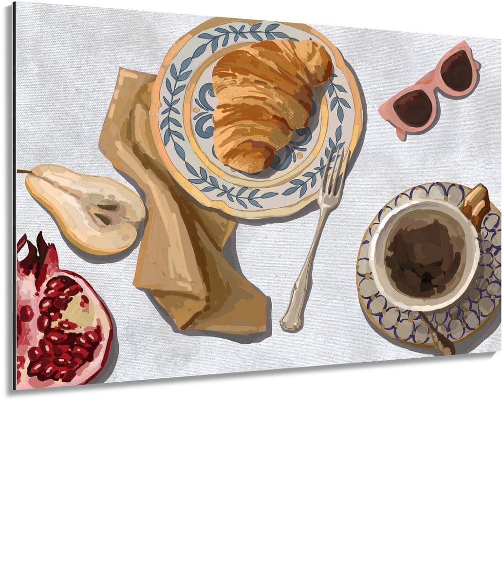 Ontbijt croissant wit - Schilderij 90x60 cm - Wanddecoratie op Aluminium Dibond - Aluminium Wandpaneel