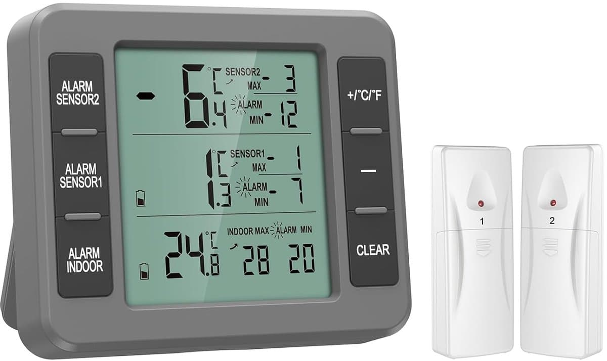 Digitale Koelkastthermometer - Vriezer Monitor - Temperatuur Bewaken - Dubbele Draadloze Sensoren - 100m Bereik - Grijs