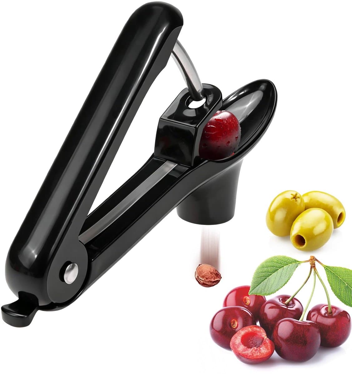 Ryoudavell - Kersenontpitter - Handmatige Kersenontpitter - kersenontpitter - Kersenpit Verwijderaar met RVS Pen - Universele Olijvenontpitter met Siliconen Houder en Vergrendeling - mirabelontpitter voor fruit, kersen, fruitbessen, zwart