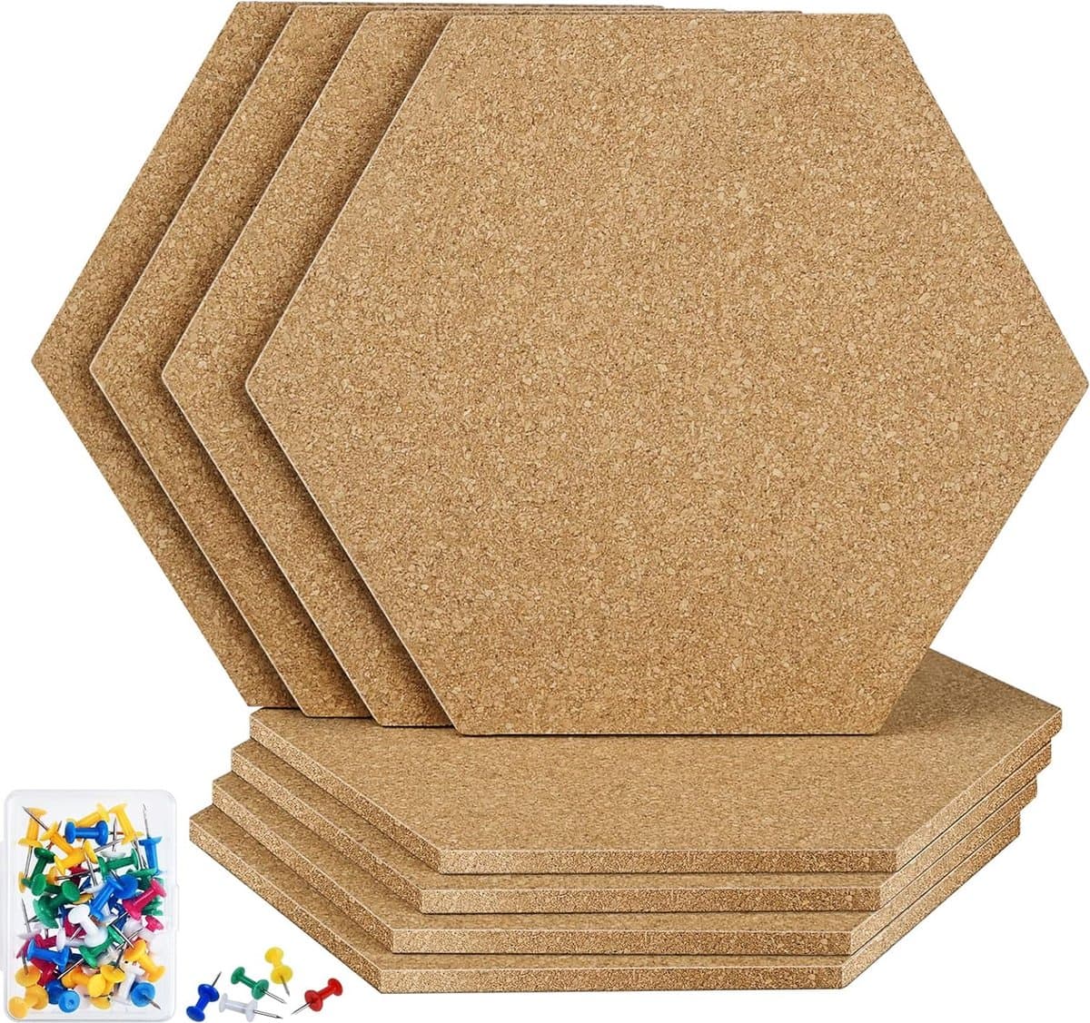 Set van 8 kurkborden, zeshoekige prikborden, kurktegels, 8,2 inch x 7 inch - 1/4 inch, zelfklevende kurkborden met 50 punaises mini-muur voor muur thuis