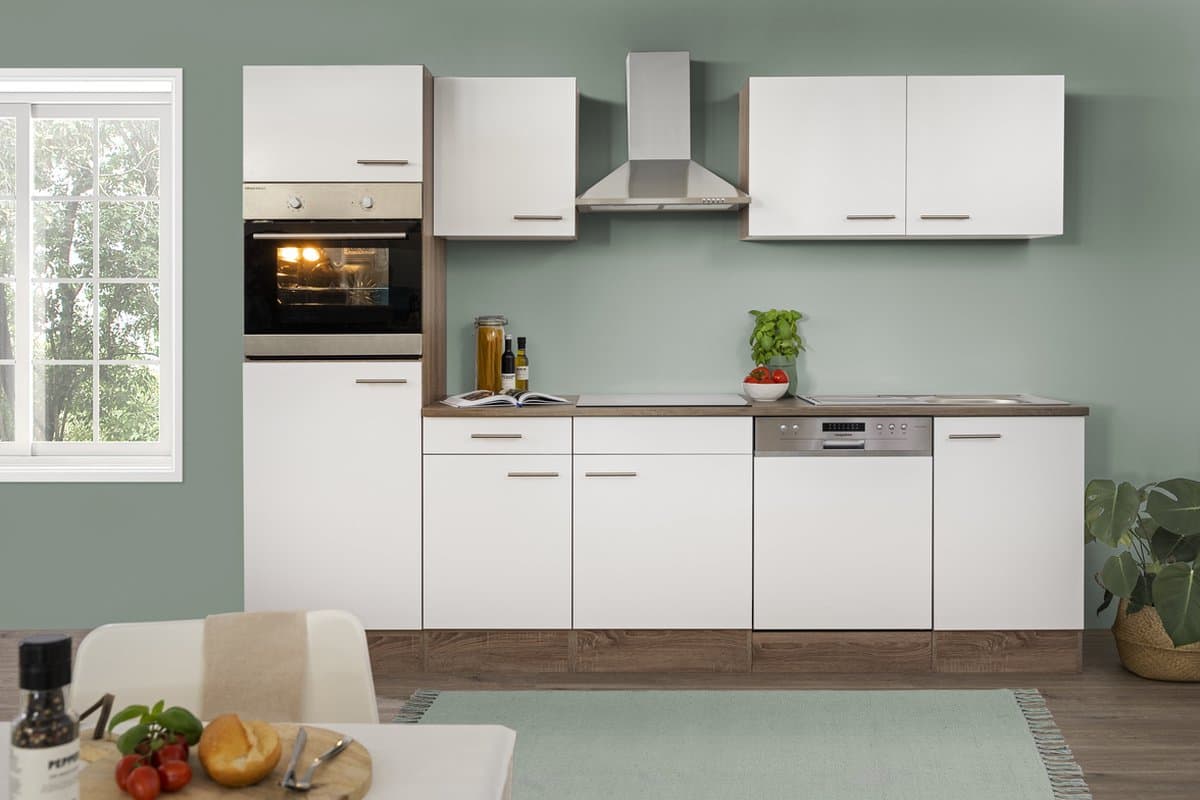 Goedkope keuken 280 cm - complete keuken met apparatuur Oliver - Donker eiken/Wit - keramische kookplaat - vaatwasser - afzuigkap - oven - spoelbak