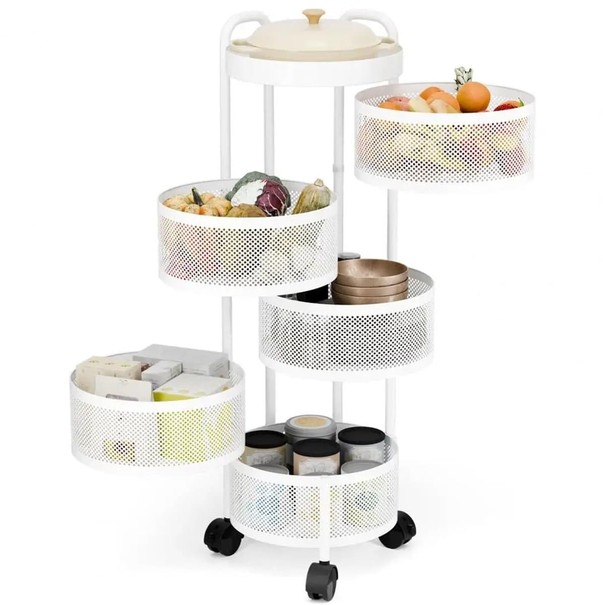 AsaamOpbergplanken Rek- Fruit - Groentemand-Roterende -Keuken -Opbergorganisator, Fruitmand -Wit