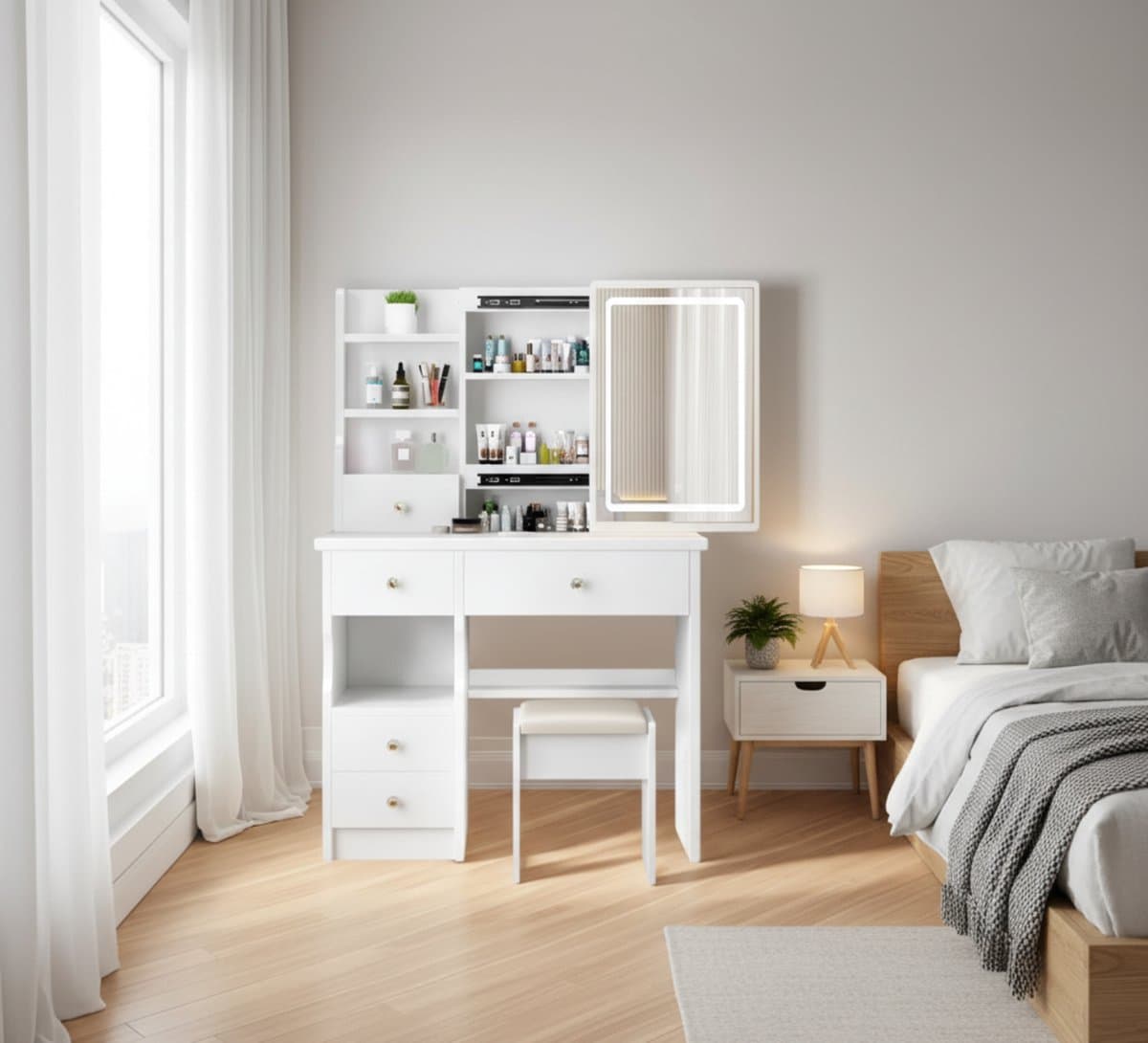 Make-uptafel met Spiegel en LED-verlichting 3 Kleuren Dimbaar, 5 Laden + 3 Planken, Modern Houten Kaptafel met Kruk 80 x 34 x 128 cm – Altameubel