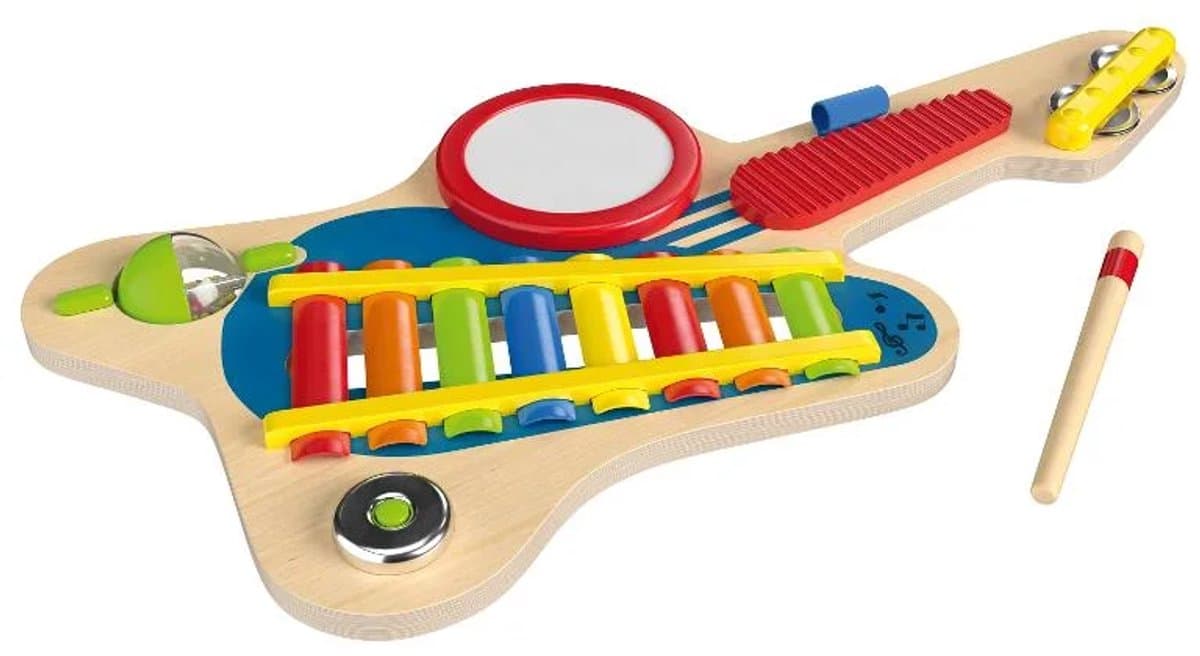 Lupilu Houten Muziekinstrument - 6 in 1 Gitaar - vanaf 1 jaar - Materiaal: hout en kunststof - Bevordert de hand-oogcoördinatie, motorische vaardigheden en het eerste gevoel voor muziek - tamboerijn, ratel, bel, xylofoon, trommel en rammelaar