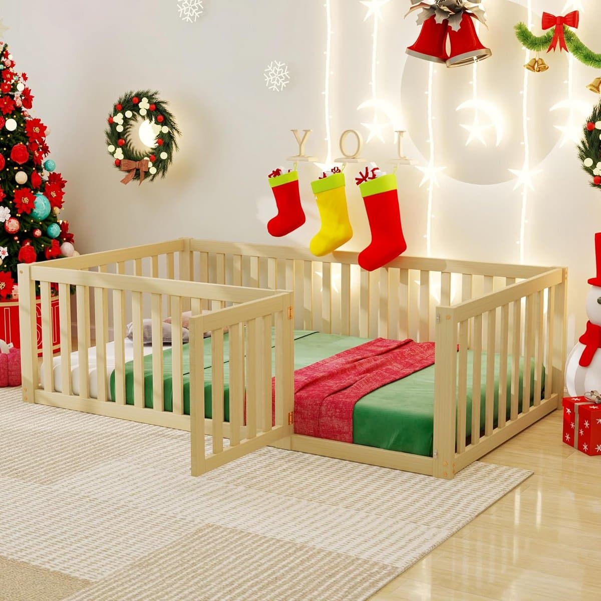 Kindermodel Bedhek 90 x 200 cm Houten Vloerbed met Zijhek en Deur