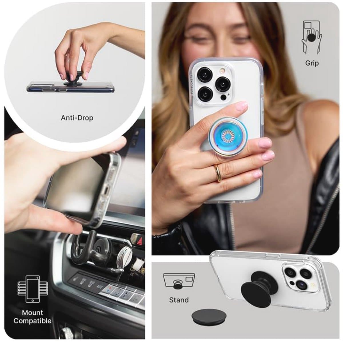 PopGrip voor Smartphones en Tablets - Verwisselbare Grip en Stand met Draadloze Oplaadmogelijkheden