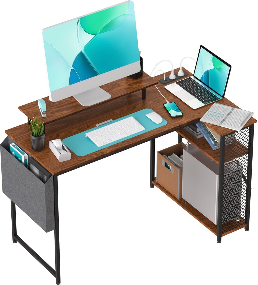 120cm hoekcomputerbureau, L-vormig bureau met opbergplank en geïntegreerde stroomvoorziening, voorzien van zijvakken en monitorbevestiging, geschikt voor kantoren, studeerkamers, slaapkamers, woonkamers en kinderkamers