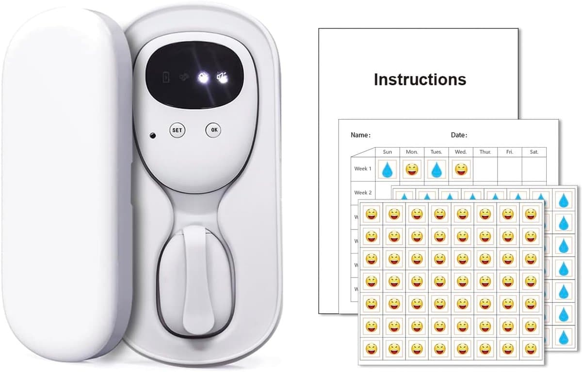 Draadloos bedplasalarm - Bedplas alarm - Voor jongens en meisjes - Inclusief drie geluidsstanden - 1 verpakking - Bevat de hoofdeenheid (ontvanger), zender, oplaadcase, USB-oplaadkabel, stickers en voortgangskaart