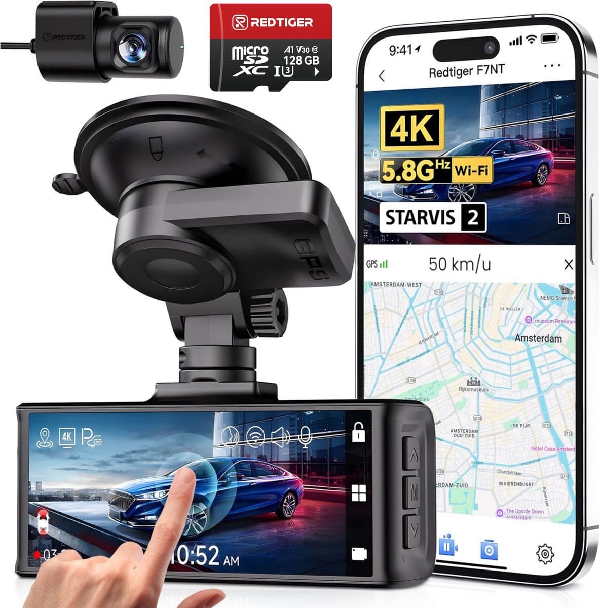 RedTiger F7NTouch - Dual Dashcam voor auto - Ultra 4K & 1080P - Voor en Achter Camera - 2025 model - Met Touchscreen - WiFi en GPS - 3.20 Inch met App - Sony Sensor Nachtzicht - Dashcams - Parkeerbewaking - G Sensor - Loop opname - 128GB SD Kaart