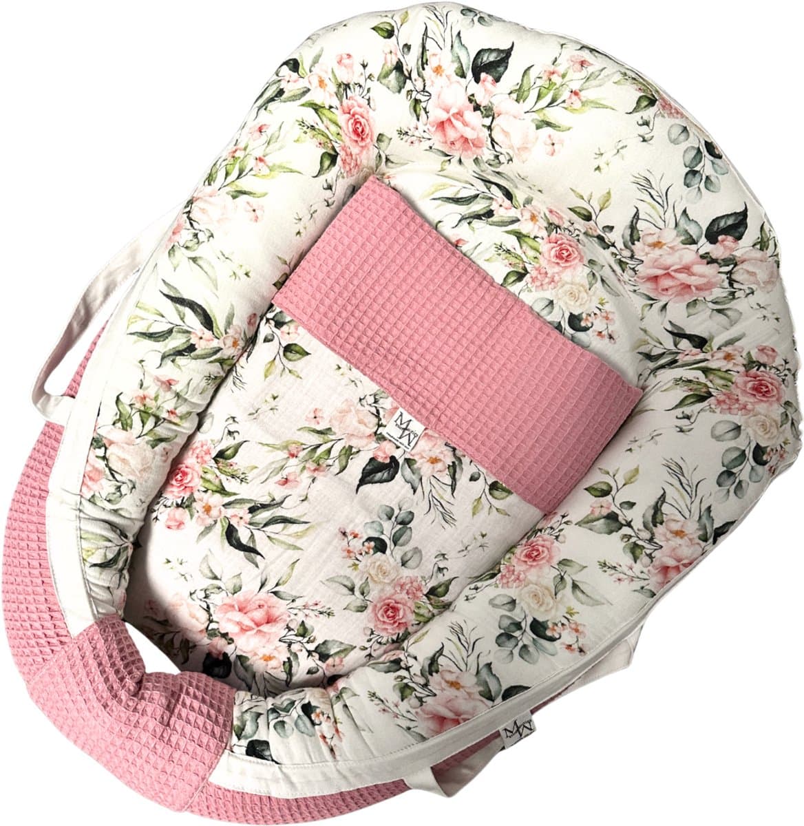 Mauties Mama - Poppennestje, draagwieg, poppenmand, draagmand - Rozen print - roze wafel