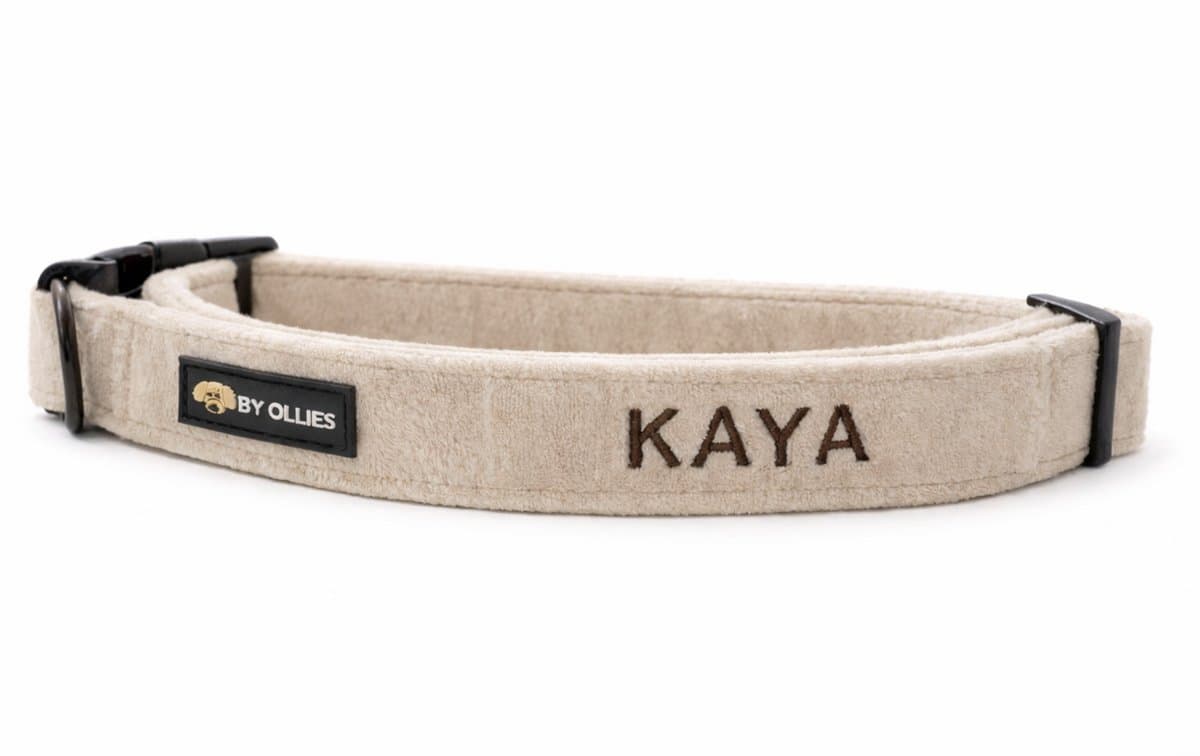 By Ollies halsband velvet Champagne - Maat S breedte 2 cm, lengte 28 – 43 cm - Wandelen - Naam