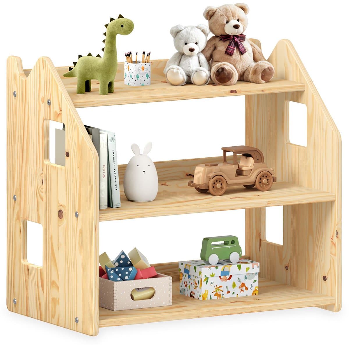 Kinderrek YASMIN 3 planken naturel - Montessoriplank voor speelgoed en boeken, kinderkameropbergmeubel van massief grenenhout, opbergmeubel - grote afbeelding
