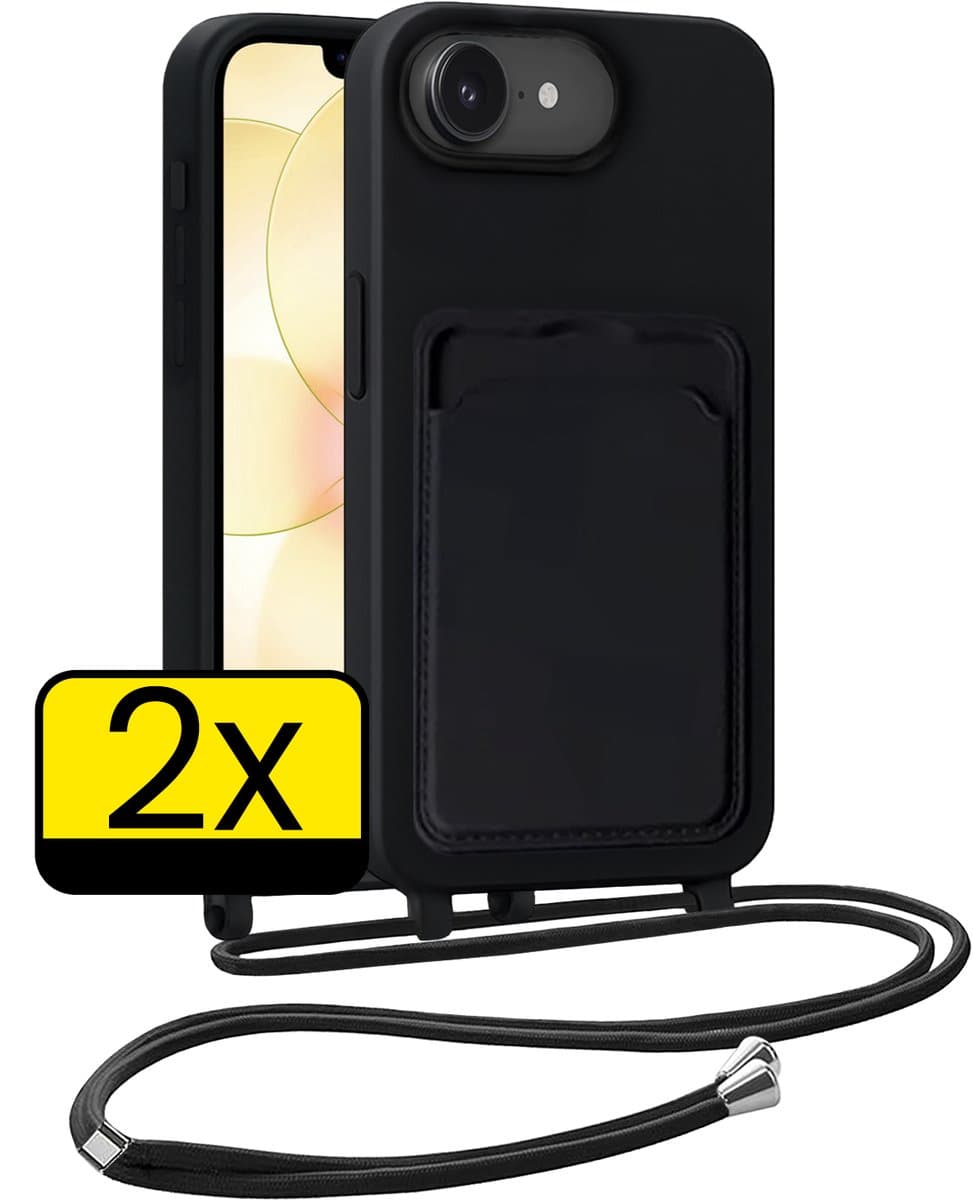 Hoesje Geschikt voor iPhone 17e Hoesje Met Koord Siliconen Case - Hoes Geschikt voor iPhone 17e Backcover Met Afneembaar Koord - Zwart - 2 Stuks