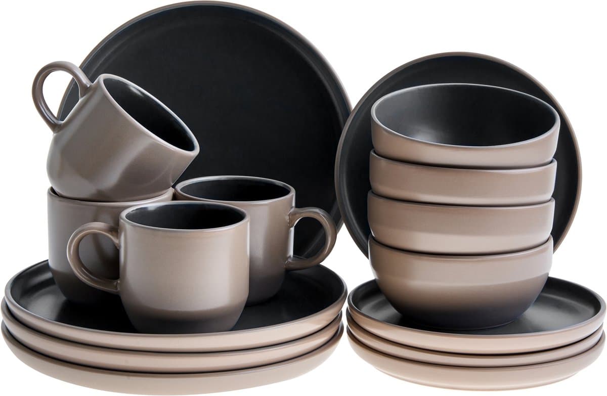 BELIANI NUTMEG - Serviesset - Beige/Zwart - Steengoed