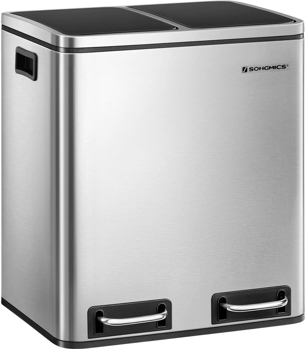 Allero Prullenbak - Prullenbak 2 vakken - Afvalscheiding - Prullenbak 30 Liter - RVS - Softclose Deksel - 2 Losse Compartimenten