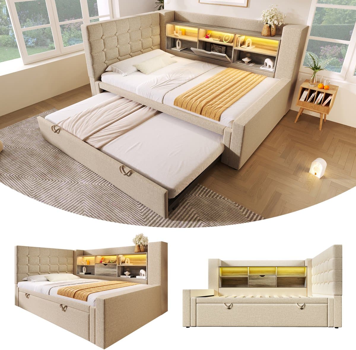 Slaapbank 90x200 cm met lade - met uitschuifbaar bed en LED-licht - L-vormig hoofdeinde met opbergruimte - beige - zonder matras