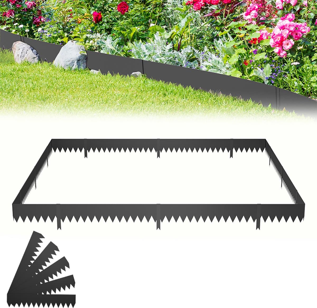 Aufun Gazonrandafwerking - 5 Delige Set - (Elk Stuk 100 cm × 20 cm) - Gegalvaniseerd Metaal - Totale Lengte 5,6 Meter - Zwart - Flexibele Gazonrandafwerking - Voor Tuin, Park, Boerderij