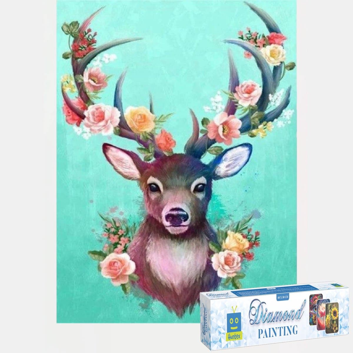 Huntex Diamond Painting Volwassenen - Diamond Painting Kinderen - Diamond Painting Pakket Volledig - Hert met Bloemen - 30x40 cm
