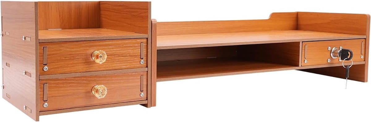 Monitor Verhoger - Bureau Organizer - Werkplek Verbeteren - Met Lock Lades - 65.5cm Breed - Houtkleur