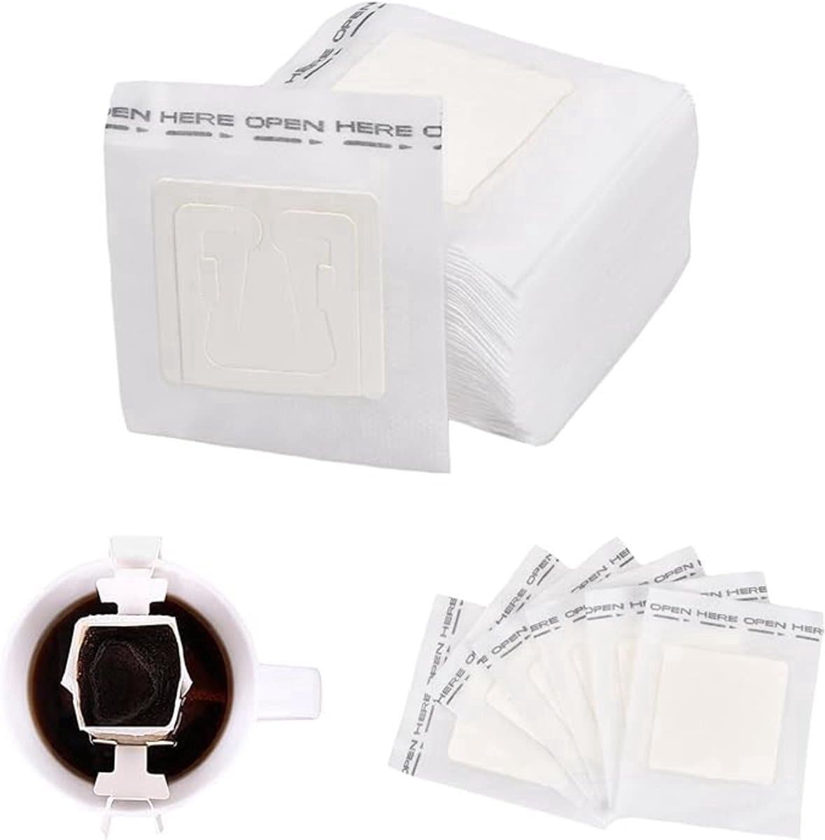 100 papieren koffiefilters met ophangoortje - handig voor onderweg en thuis