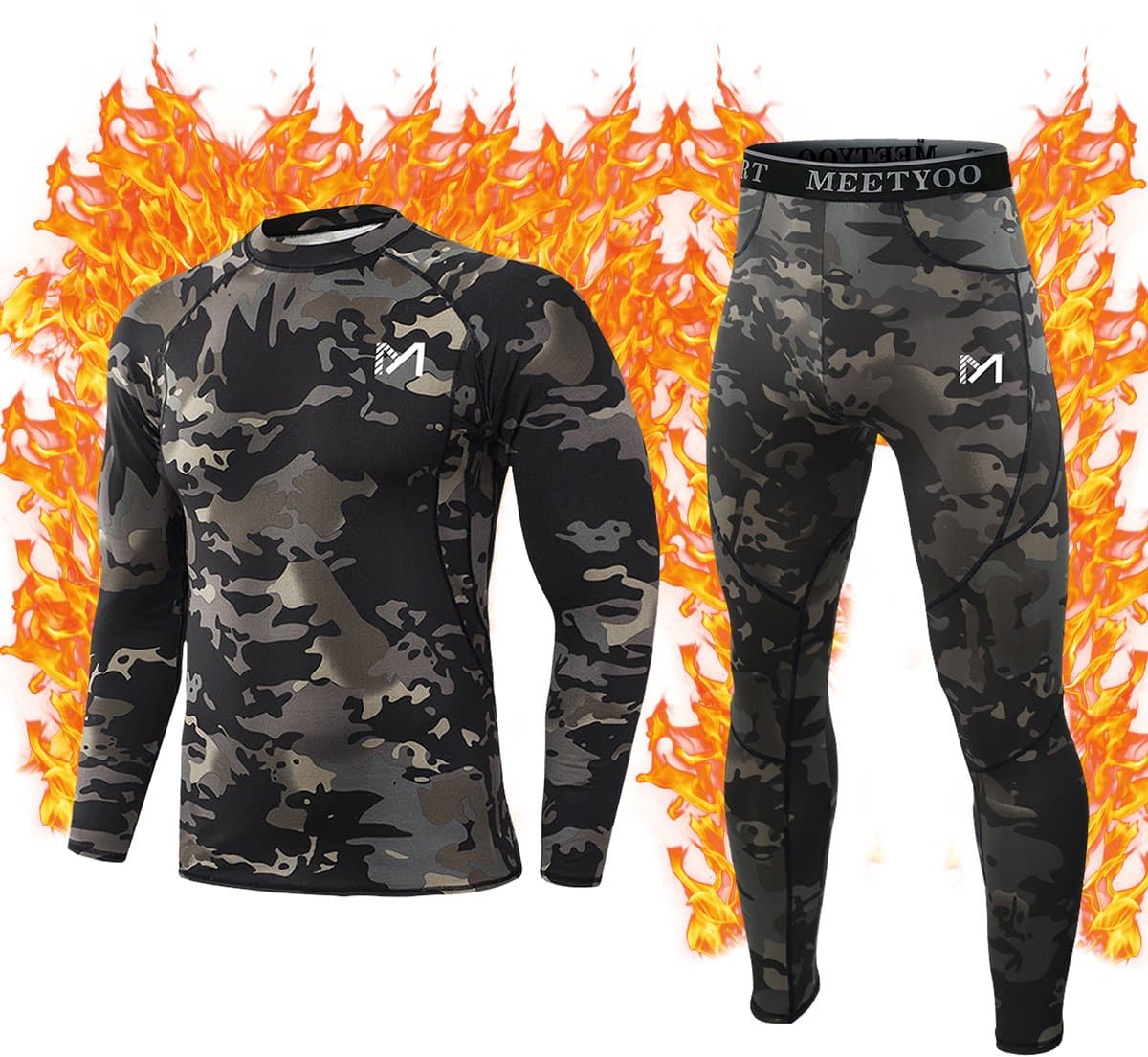 MEETHOO Men's Thermal Heren Thermische Onderkleding Set Vochtafvoerende Lange Onderbroeken Snel Drogende Basislaag Sport Compressie Pak Voor Training Skiën Hardlopen Hiken -zwarte camouflage-M