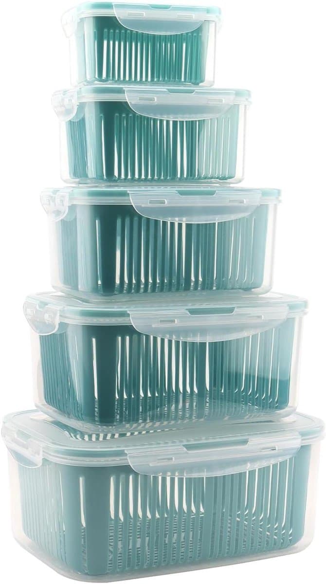 Allecto Plus - Set van 5 opbergdozen voor koelkasten - Stapelbare opbergdozen voor fruit en groente - Vriezer met afvoermanden - Plastic voedselcontainers met deksels - Voorraadkast en vriezer kast organizatie.