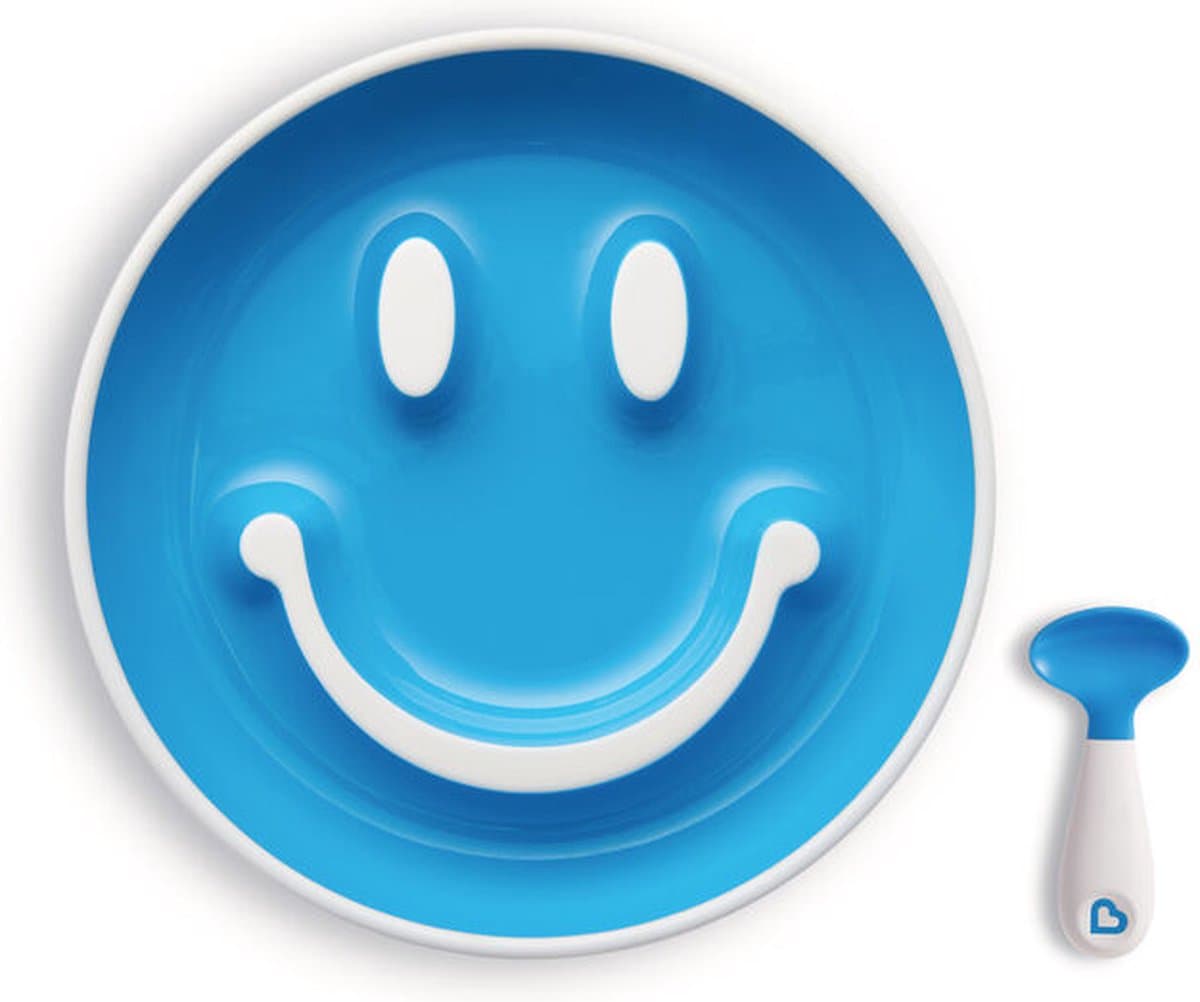 Munchkin kinderservies - Baby Bordje met zuignap en Lepel - Smile 'n Scoop - Bord met zuignap in de vorm van een smiley - BPA-vrij - 9+ maanden - Blauw