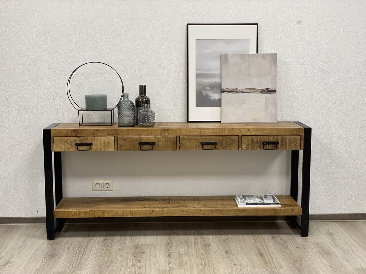 Britt Mangohouten Sidetable wandkast industrieel 180cm 4 lades