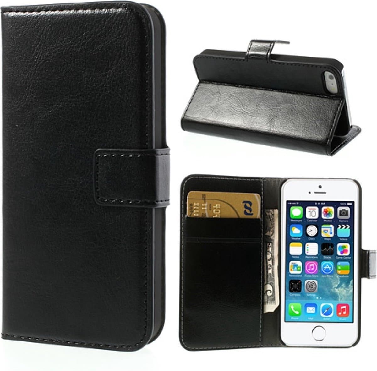 Peachy Zwarte lederen Bookcase hoesje en portemonnee geschikt voor iPhone 5 5s SE 2016 Cover leer Wallet