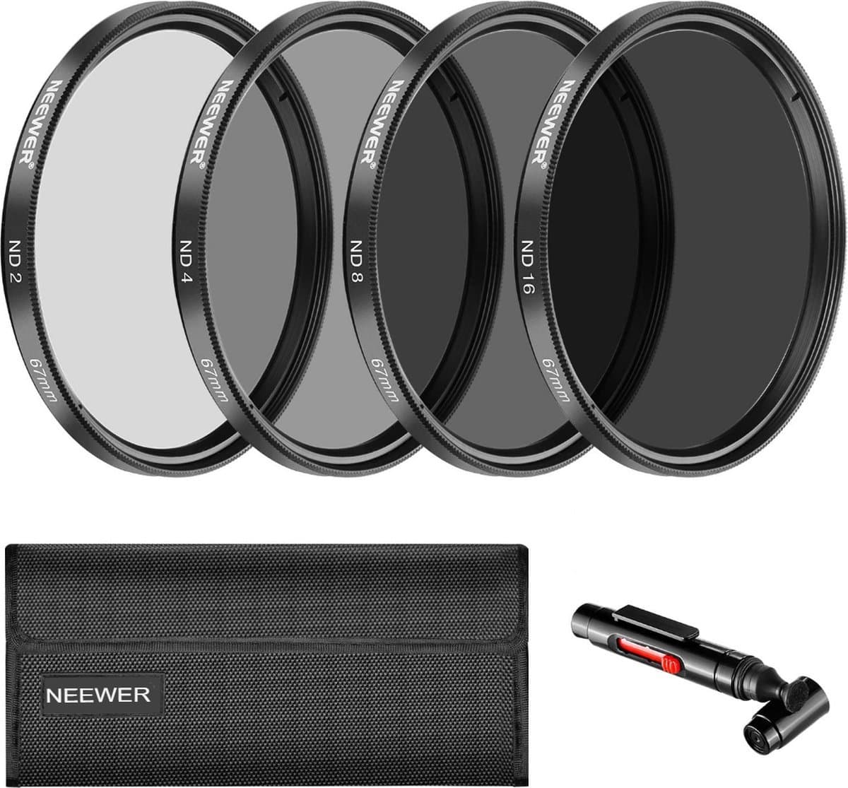 67mm Neutrale Dichtheidsfilter ND2 ND4 ND8 ND16 en Accessoire Kit - Voor Canon Rebel T5i T4i T3i T2i, EOS 700D 650D 600D 550D 70D 7D DSLR - Inclusief Lensborstel en Filtertas - X01NSK150