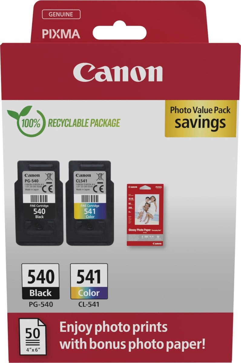 Canon PG540 + CL541 - Inktcartridge - Origineel - Standaard capaciteit - 50 sheets fotopapier - Zwart en Kleur