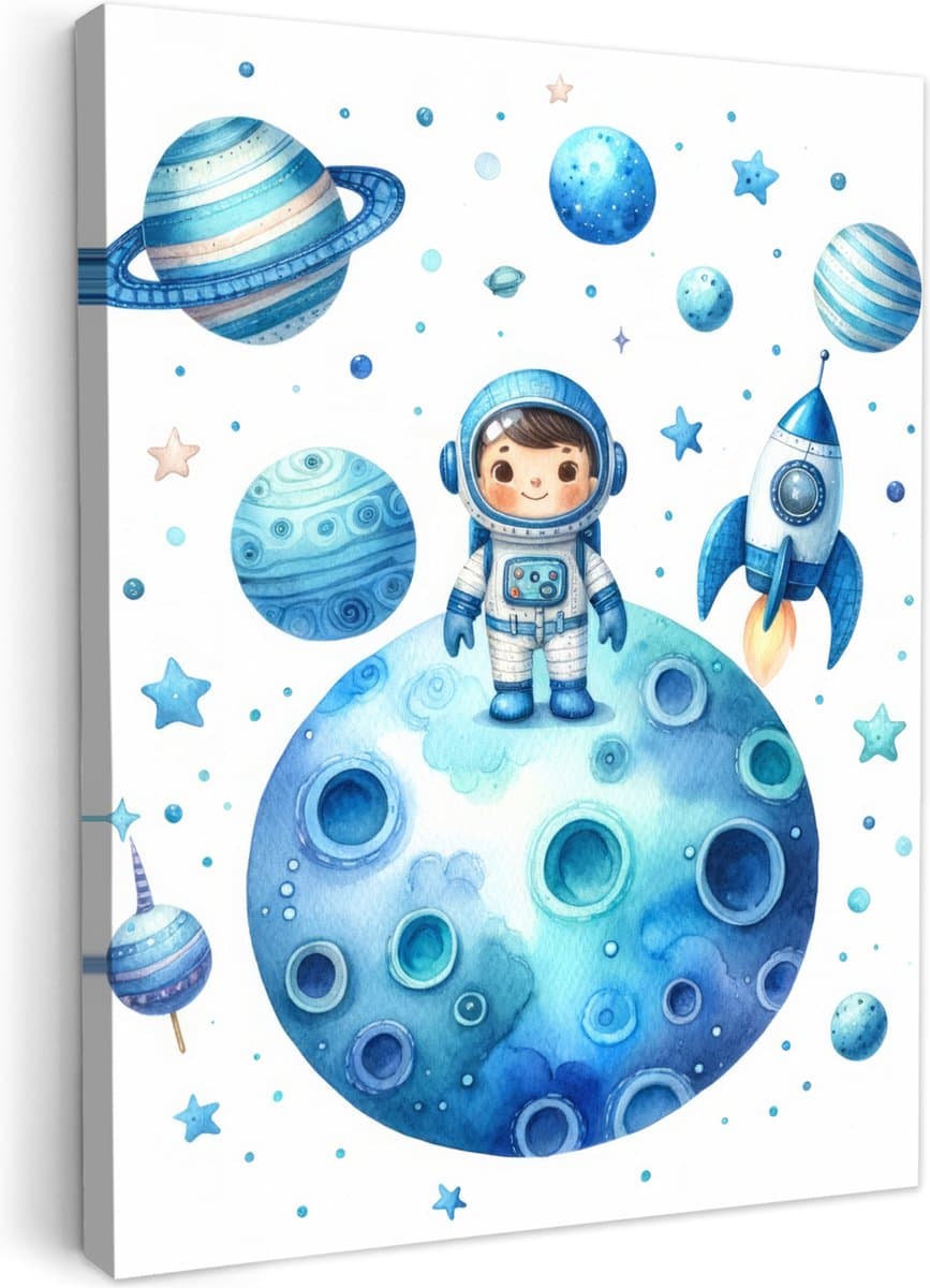 Canvas schilderij 60x80 cm - Wanddecoratie kinderkamer Ruimte - Blauw - Astronaut - Sterren - Planeten - Muurdecoratie babykamer - Kamer decoratie voor jongens en meisjes - Baby accessoires - Schilderijen