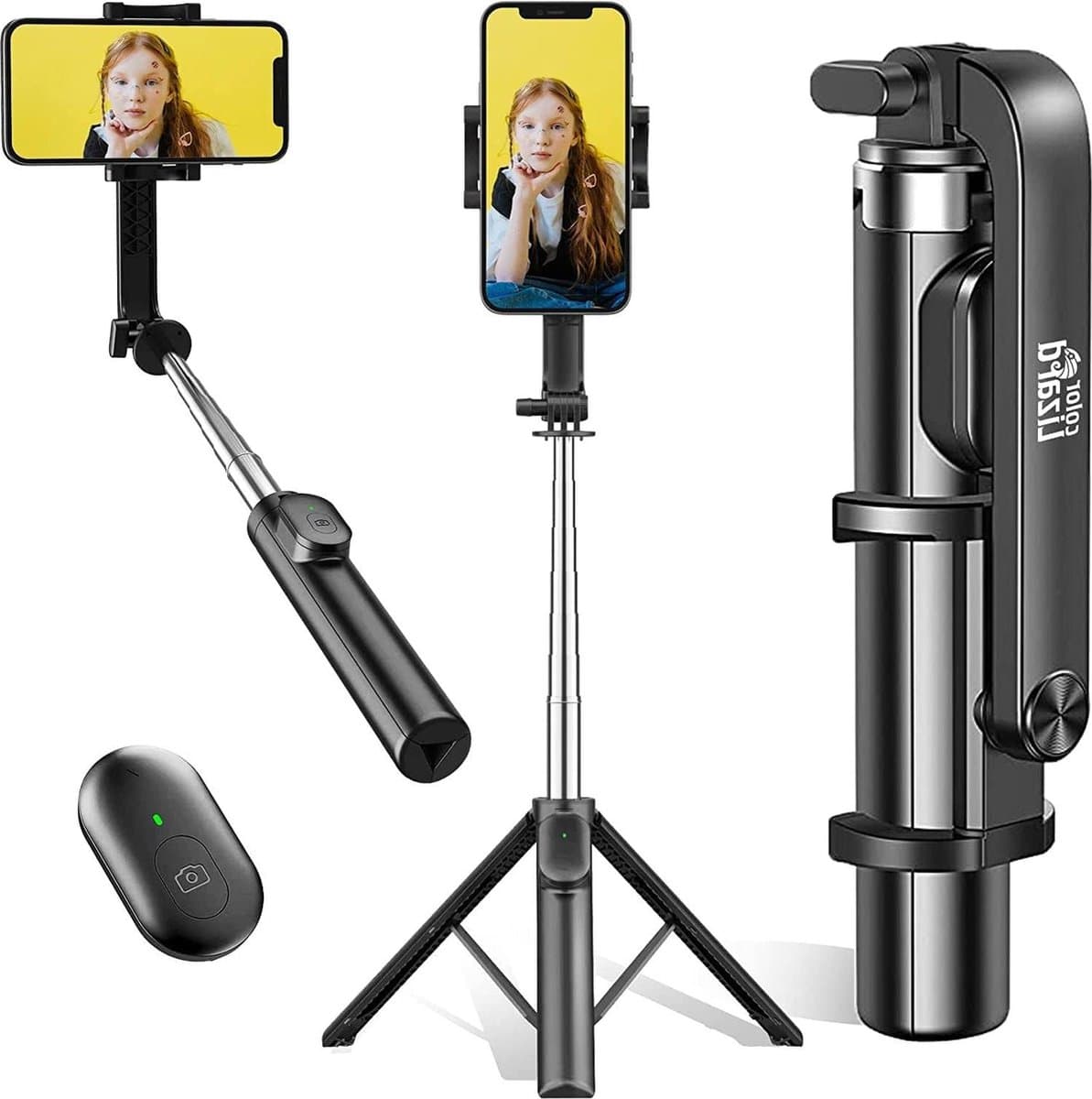 Selfiestick statief met afstandsbediening - draadloze 6-in-1 Bluetooth selfiestick voor iOS en Android - mobiele telefoon statief - draagbare selfiestick - Color Lizard selfie stick voor mobiele telefoon