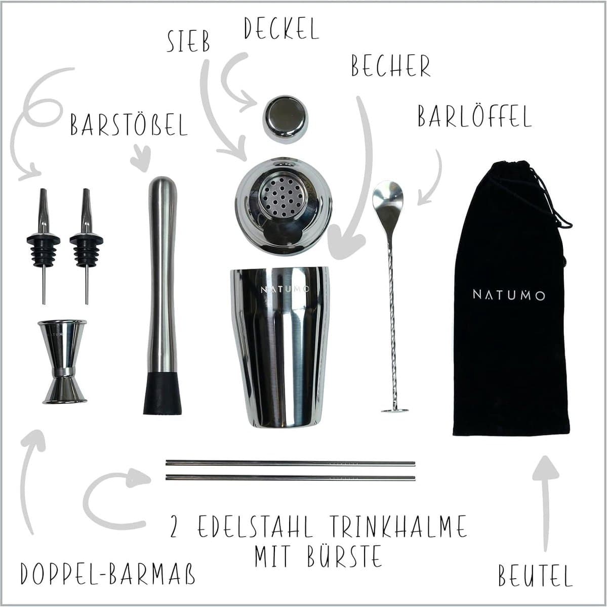 JK24 - Cocktailshaker - Cocktail shaker - Cocktailset - Cocktailshakerset - Premium Cocktailshaker Set 8-delig roestvrij staal - Cocktailmixer Stamper Accessoires - Mocktail Shake Zeef Maatbekertje Bar Set