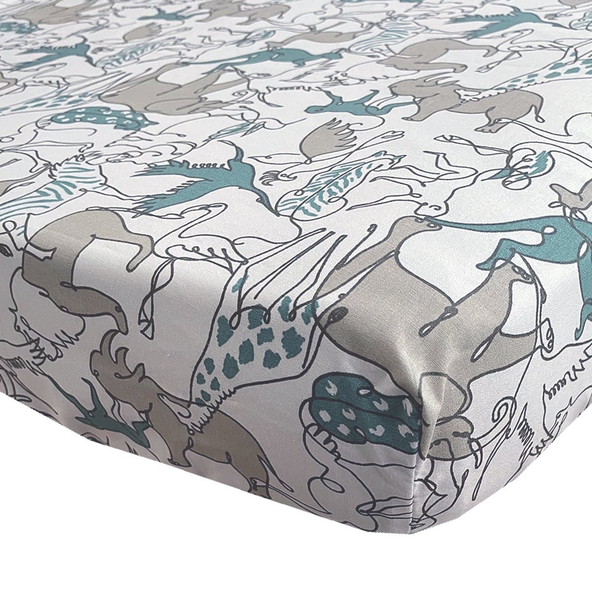 BINK Bedding Hoeslaken Safari 1 persoonsbed 90 x 200 cm - dierenprint - lijntekening - grijs - groen - wit - zwart - olifant - tijger - leeuw - panter - aap - zebra - neushoorn - kangaroo - flamingo - jungle