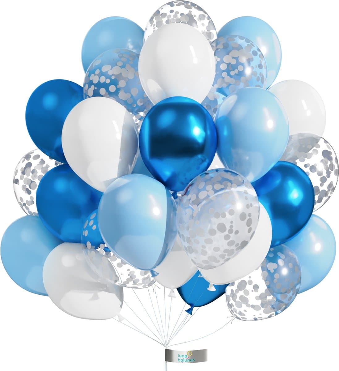 Luna Balunas 50 Stuks Latex Ballonnen Blauw Frozen Wit Helium Confetti zilver - Feestversiering- Babyshower - Verjaardag - Eco Friendly