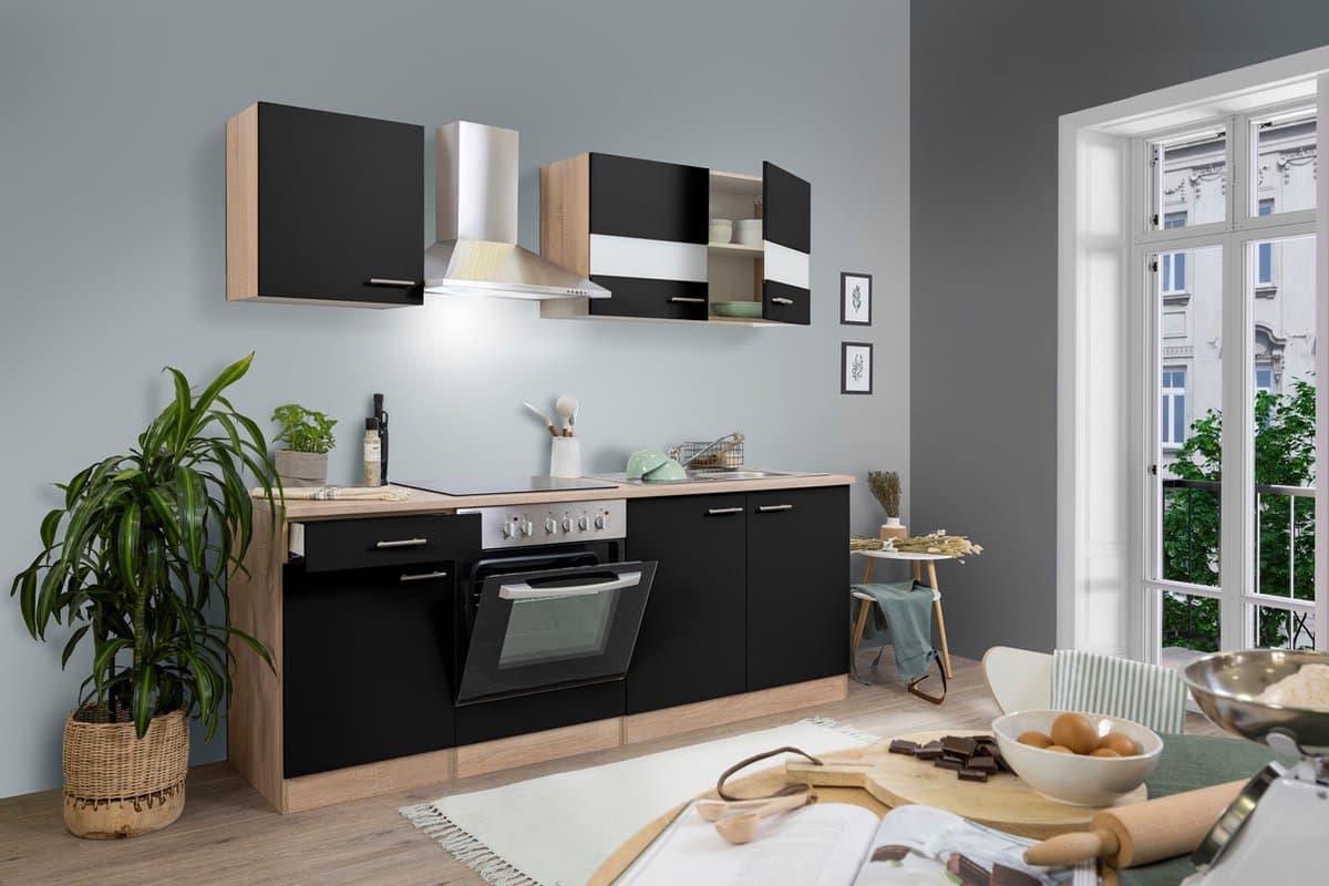 Goedkope keuken 210 cm - complete keuken met apparatuur Merle - Eiken/Zwart - soft close - keramische kookplaat - afzuigkap - oven - spoelbak