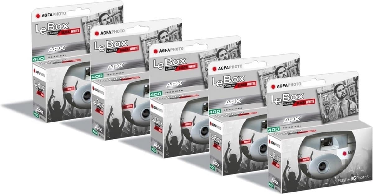 AGFA PHOTO PACK 5 x 601026 - Appareil Photo Jetable LeBox Black&White, 27 Photos, Objectif Optique 31 mm - Gris