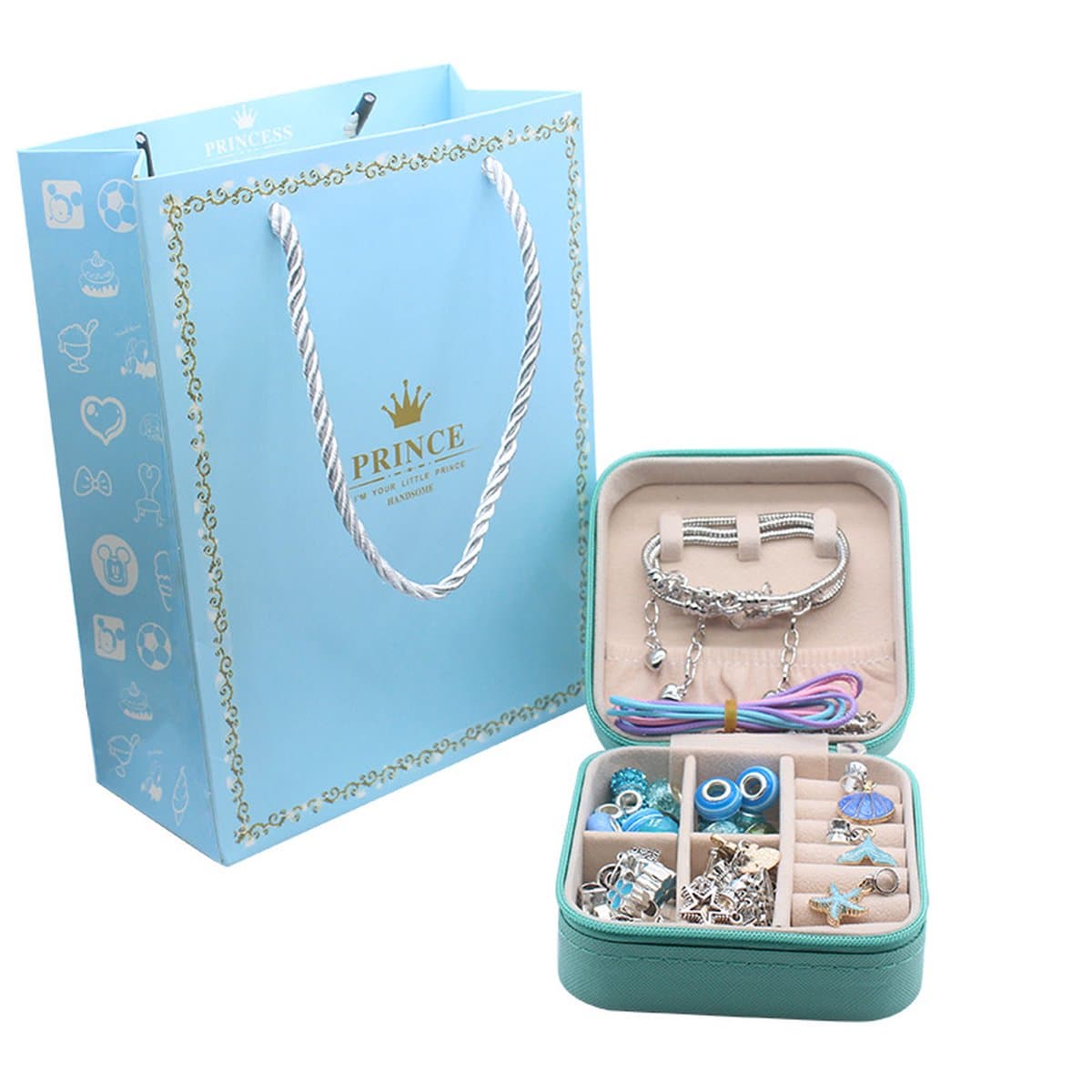 Loha-party®68 stuks Prince Bedelarmband Making Kit- Blauwe zeemeermin Thema Armbanden sieraden-compleet sieradendoos- zelf maken ketting-Bedelarmbandenset-Verjaardagscadeau-Meisjes Knutselsets-Meisjescadeaus voor 5-13 jaar Verjaardag,Kerstmis
