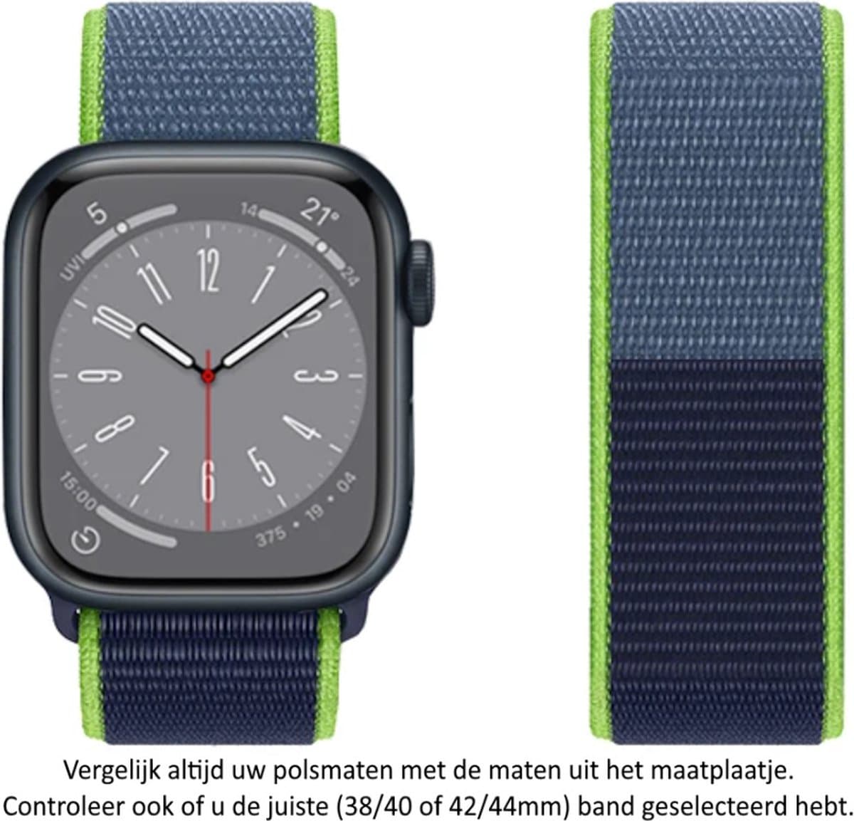 (2 tinten) Blauw - Neon groen Nylon Sporthorloge Band geschikt voor Apple Watch 1, 2, 3, 4, 5, 6, 7, 8, SE, 42mm, 44mm & 45mm "Mannenbreedte" Series – Maat: zie maatfoto - Zacht Geweven Nylon - 42 mm, 44 mm en 45 mm - Blue - Green