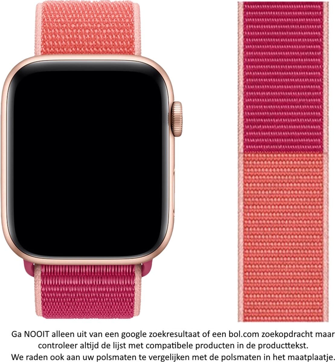 Roze / Donker Roze / Granaatappel Nylon Horloge Band geschikt voor Apple Watch 1, 2, 3, 4, 5, 6, 7, 8, SE, 38mm, 40mm & 41mm "Vrouwenbreedte" Series – Maat: zie maatfoto - Zacht Geweven Nylon - 38 mm, 40 mm en 41 mm