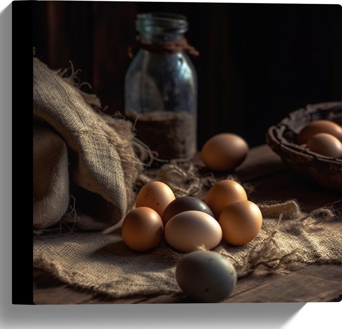 Canvas - Eieren - Zak - Hout - Eten - 30x30 cm Foto op Canvas Schilderij (Wanddecoratie op Canvas)