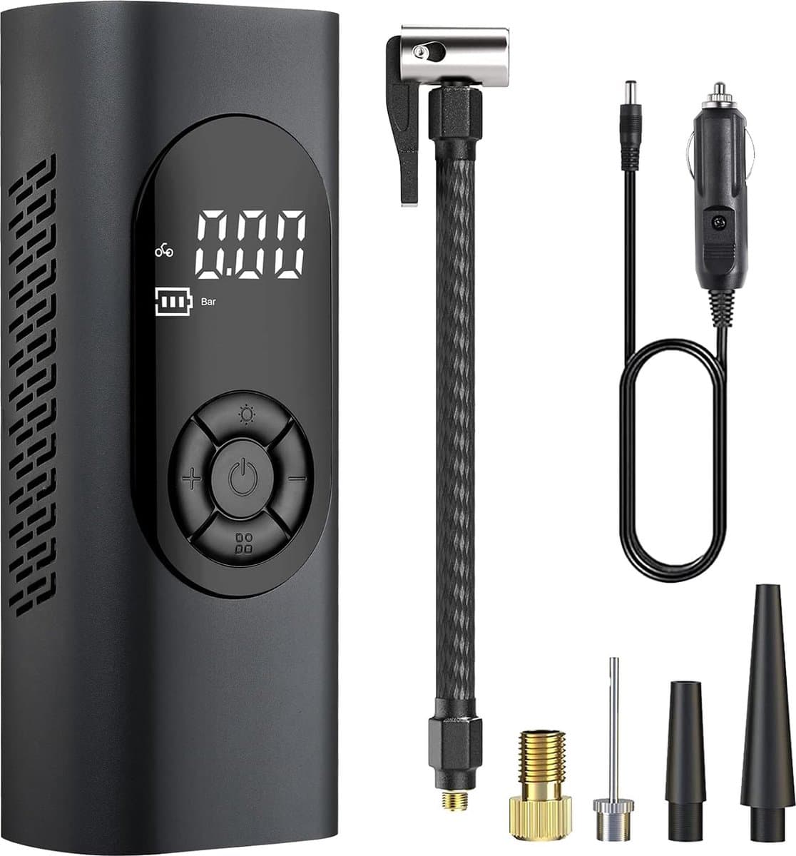 Fuegobird - 6000 mAh Electric Pump - 150 PSI Fietspomp - Miniatuur elektrische fietspomp met SOS LED - Ontworpen voor AUTO-banden - Bicycles - Elektrische Bicycles - BALL sports - Inclusief 2 opblaasslangen - Zwart